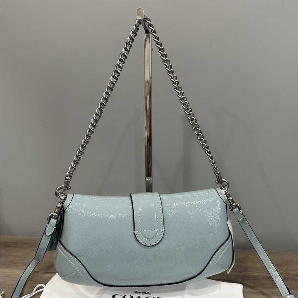COACH CAN43 Soho Bag 25 Shoulder/Crossbody Crinkle Patent Leather Light Blue - Picture 7 of 14